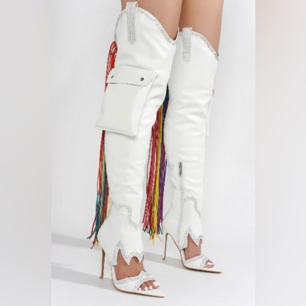 CAPE ROBBIN LISE WESTERN RHINESTONE FRINGED CARGO POCKET BOOTS NIB